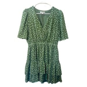 WAYF Mini Dress Green Polka Dots Faux Wrap Tiered Ruffles Short Sleeve Medium